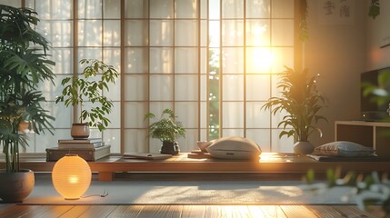 An Asian Zen office space with a low wooden desk, minimalist decor, indoor plants, shoji screens, and soft, natural lighting, creating a calm and focused workspace, hd quality, natural look.