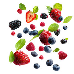 Collection of fresh ripe wild berries isolated on white background. Raspberry, blackberry, blueberry and strawberry falling on air.