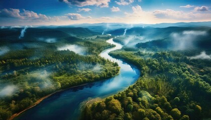Obraz premium River images, landscapes with rivers and clouds, A winding river is flowing in a forest and the sky is blue and there are white clouds too, spring background,