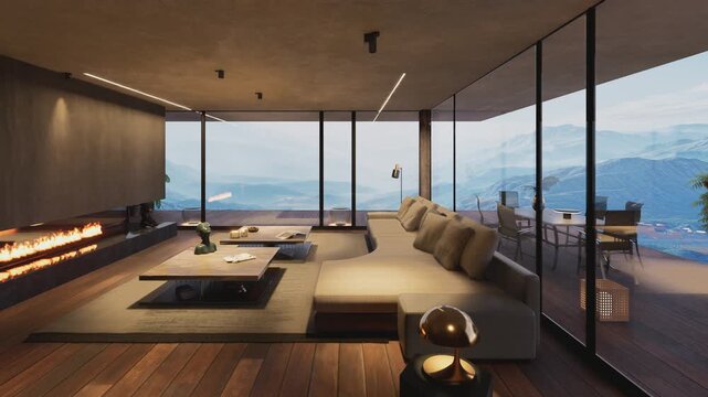 3D illustration of an elegant chalet interior with snowy mountain view. Cozy living room with fireplace and decor furniture.Horizontal trucking shot.