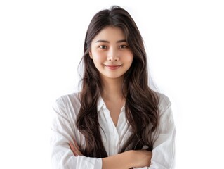 A woman stands confidently in front of the camera, wearing a white shirt and smiling