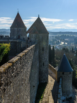 A view over the countryside from the medieval walls nad towers of Carcassonne.