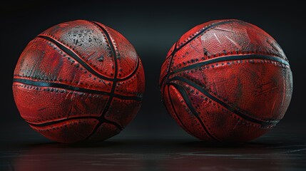 Two red basketballs, with black seams and worn leather surfaces, sit side by side on a dark surface.