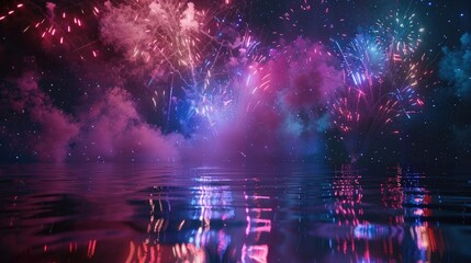 Obraz premium Vibrant fireworks show over water with multiple bursts and smoke at night creating a dynamic and lively scene