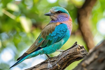 Fototapeta premium A colorful male European roller perched on a tree branch, showing off its vibrant blue and green plumage.