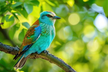Fototapeta premium A colorful male European roller perched on a tree branch, showing off its vibrant blue and green plumage.