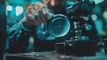 Close-up of a magnifying glass focusing on a quality control stamp, businessman ensuring standardization