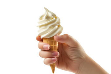 A close-up of a hand holding a soft serve ice cream cone against a white background. The hand is slightly turned, showcasing the delicate swirls of the ice cream.