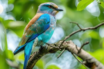 Fototapeta premium A colorful male European roller perched on a tree branch, showing off its vibrant blue and green plumage.