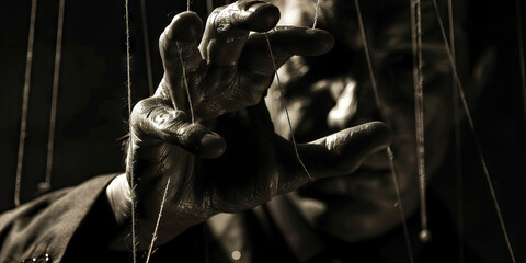 Unseen Hand: A shadowy figure, obscured by darkness, manipulating marionette strings.