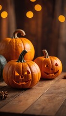 Fototapeta premium Four carved jack-o'-lanterns with glowing faces sit on a wooden table, with festive orange lights hanging in the background, creating a cozy Halloween atmosphere
