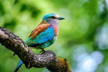 A colorful male European roller perched on a tree branch, showing off its vibrant blue and green plumage.