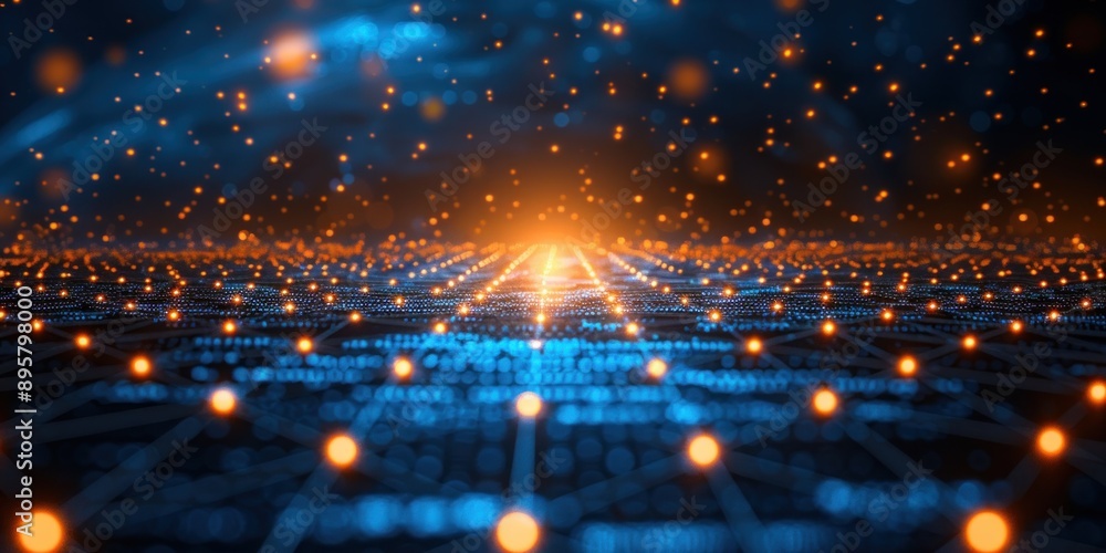 Poster a digital network with illuminated nodes and bokeh effects