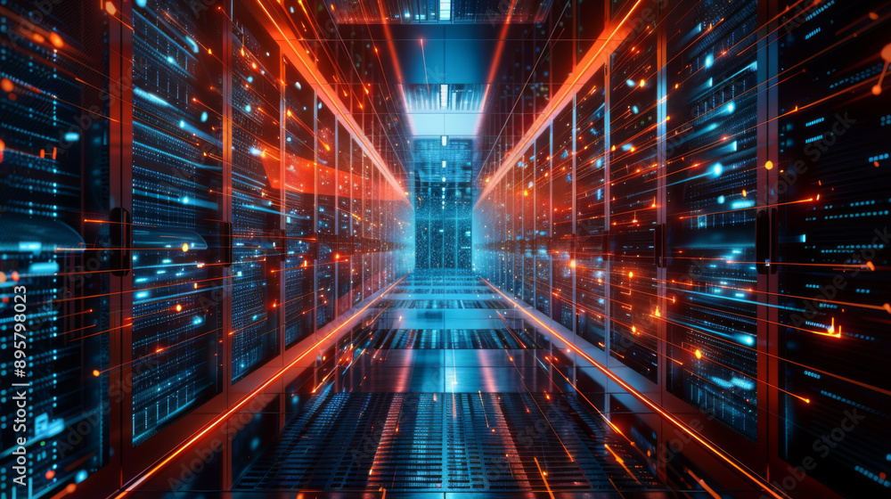 Poster bright, futuristic data center corridor with rows of servers and dynamic orange and blue lights high