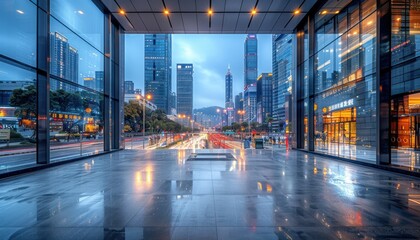 Modern Cityscape Seen Through Glass Doors