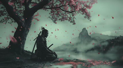 Samurai warrior meditating under a cherry blossom tree