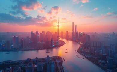 Fototapeta premium Sunrise over Shanghai Skyline