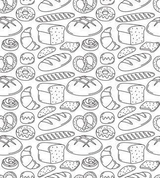 Seamless pattern with different bread types. Vector contour background with bakery rye products, sliced bread, french baguette, croissant and bagel