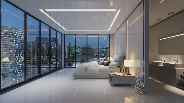 3D illustration of a luxury modern urban bedroom. Hotel suite with double bed and large windows with twilight city view. Zoom-in shot.