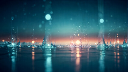 Ethereal Water Droplets: Teal Sunset Reflections Abstract Magical Background