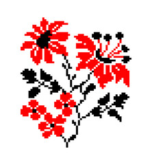 Ethnic ornament of Ukraine. Red and black flowers. Embroidered pattern on a transparent background. Pixel art. Vector illustration.