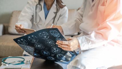 ER surgical doctor teamwork, surgery medical team, professional brain and neurological surgeon with digital tablet working in hospital clinic discussion, diagnosing on patient care operation service