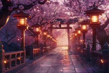 Fototapeta premium Serene Path with Glowing Lanterns Leading to Temple Gate Surrounded by Cherry Blossom Trees and Evening Glow