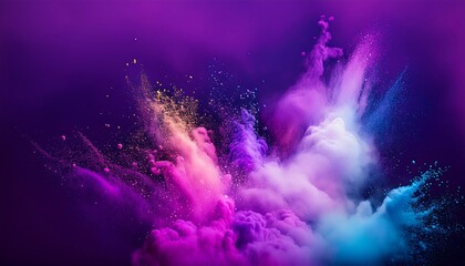 Obraz premium Amazing abstract color powder splash background with blue pink purple gradient smoke shapes filling the dark background with small exploding particles. Wallpapers
