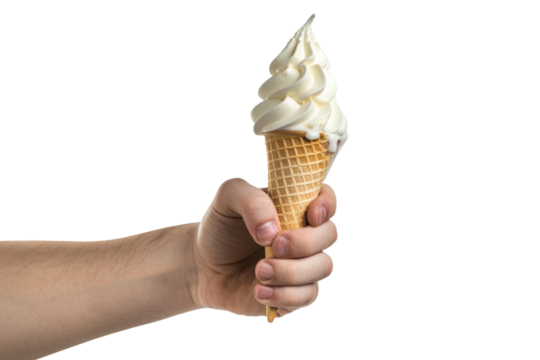 A hand, captured in crisp detail, holds a soft serve ice cream cone aloft. The white background emphasizes the creamy ice cream and crisp waffle cone.