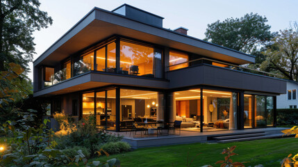 Contemporary home with large glass windows illuminated warmly at dusk, surrounded by lush greenery in a suburban setting.