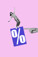 Vertical photo collage of astonished girl push finger percent fall inflation problem economy...
