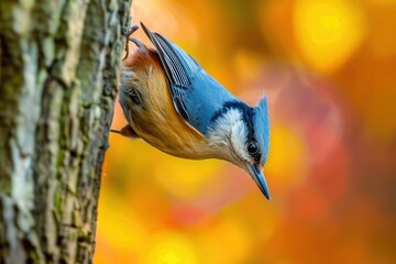 A colorful picture of a Eurasian nuthatch clinging upside down on a tree trunk