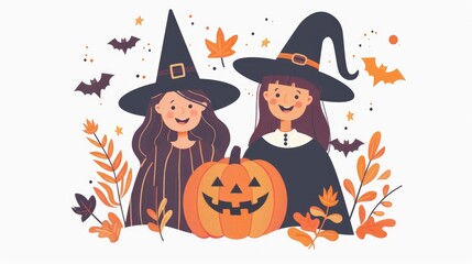 Halloween Preparation Smiling Couple in Witch Hats with Jack o Lantern Magic Pumpkin and Halloween Shopping