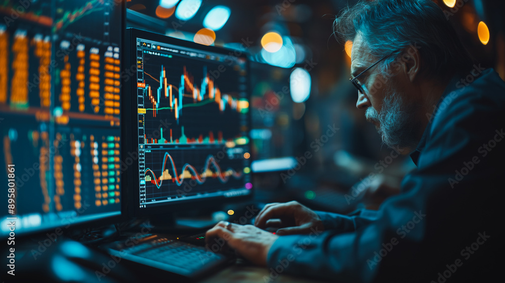 Poster group of investors and traders using advanced computer programs to research and predict market data