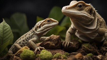 Happy Lizard and Hatchlings Exploring Their Terrarium