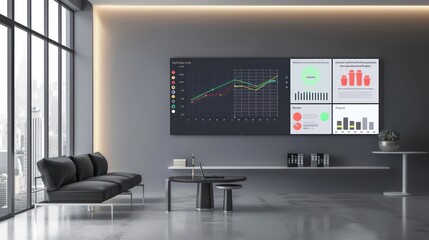 minimalist financial command center with a large wall display showing a live, interactive budget heatmap, indicating areas of financial stress and stability