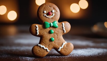 A festive gingerbread man, complete with icing details and a green bow tie, sits on a sugar-dusted table, accompanied by a warm candle and a bowl of cookies