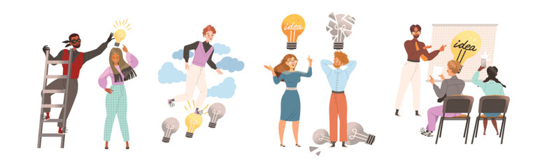 People Character with Light Bulb Having Idea Vector Illustration Set