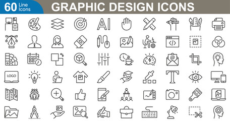 Graphic design icons set. Logo, tools, software, layout, draw, branding, creativity and more. Flat icon vector illustration