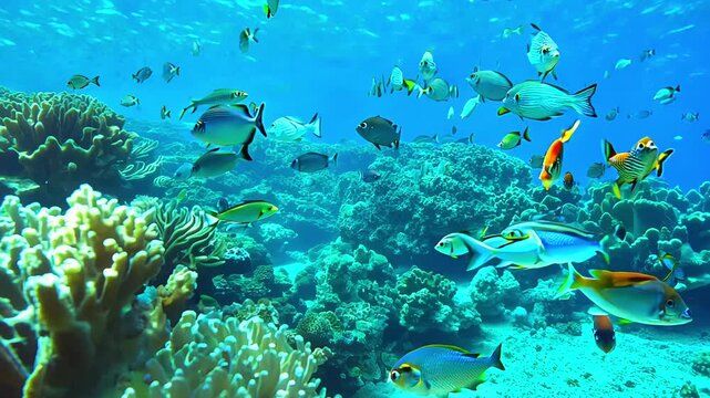 A group of fish swimming in the ocean next to a coral reef