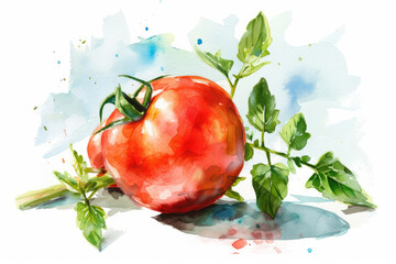 watercolor tomato beautiful fruit with leaves,white background