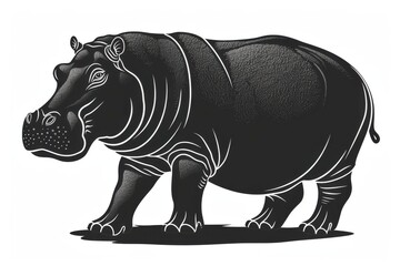 Obraz premium Black and white flat vector art of a hippopotamus, svg style, isolated on white background, simple vector art design 