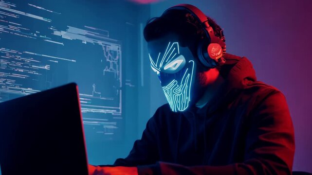 Hacker in a neon mask. Cyber criminal with laptop. Cyber crime, hacker activity, digital system security, cyber attack threat, malware virus alert concept, fraud money, ddos attack.