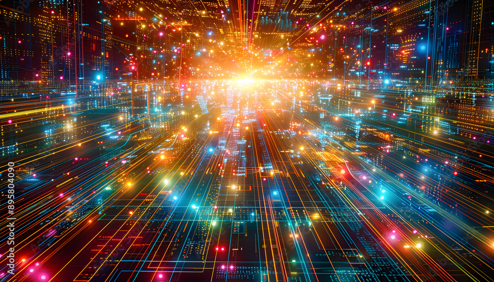 Aufkleber intricate circuitry and luminous data streams converging on a central bright horizon