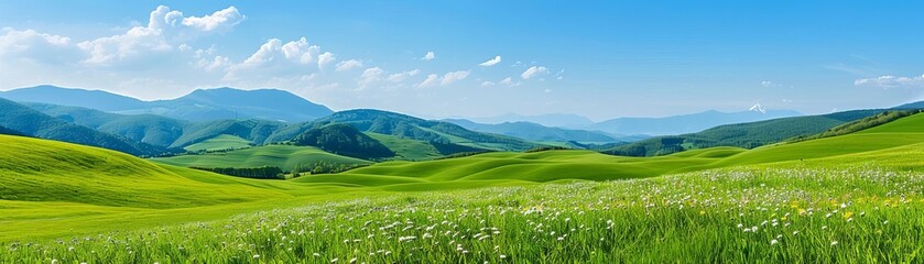 Rolling green hills with wildflowers, blue skies, and distant mountains, Rolling green hills scenery, countryside tranquility