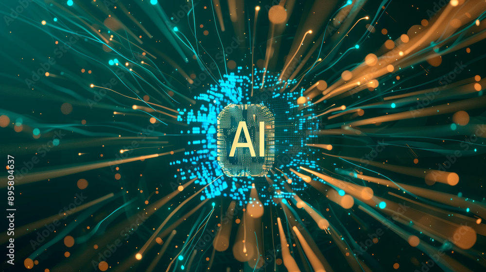 Poster ai data processing visual with a central ai symbol and streams of data flowing around it, ideal for 