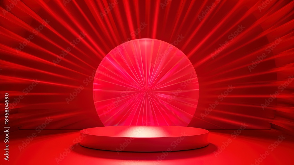 Poster red light award ceremony background with podium with imitation of a tunnel with red rays, decorated 