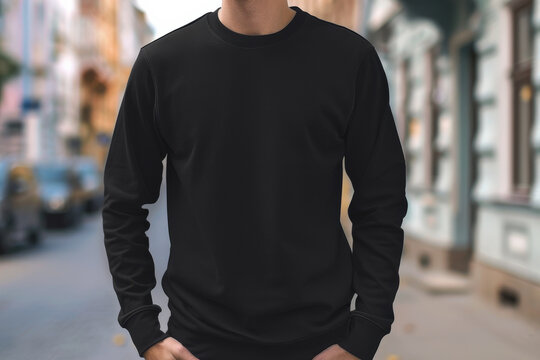 Man model wearing black long sleeve t-shirt on street, print presentation mock-up, mockup design shirt template