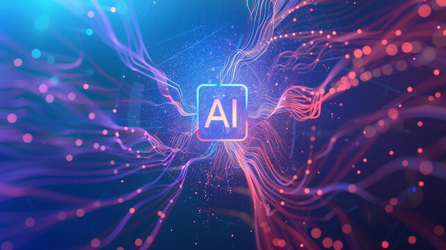 AI data processing visual with a central AI symbol and streams of data flowing around it, ideal for themes of data analysis, AI systems, and computational technology, AI data flow,