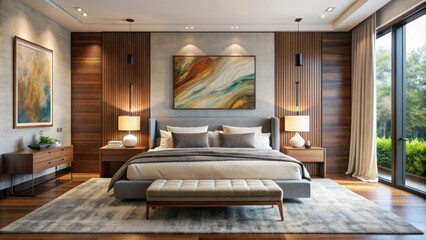 Expansive bedroom boasts sleek mid-century modern aesthetic with oversized abstract art piece above plush velvet headboard and wooden nightstands.